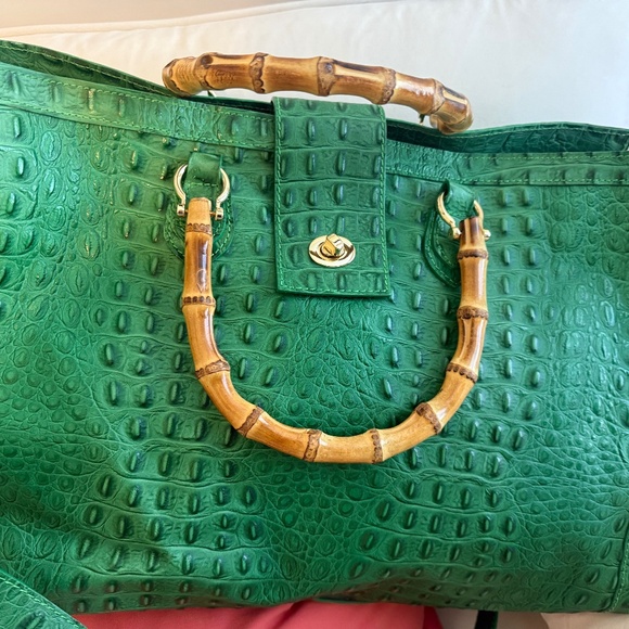 Green croc leather bag w bamboo handles and strap
